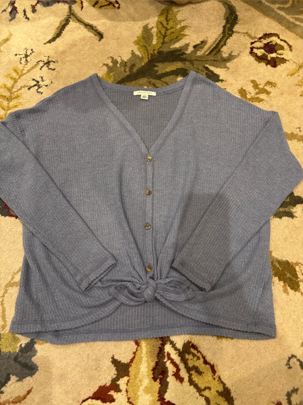 American Eagle Outfitters Blue V-Neck Button Knot Hem Cardigan